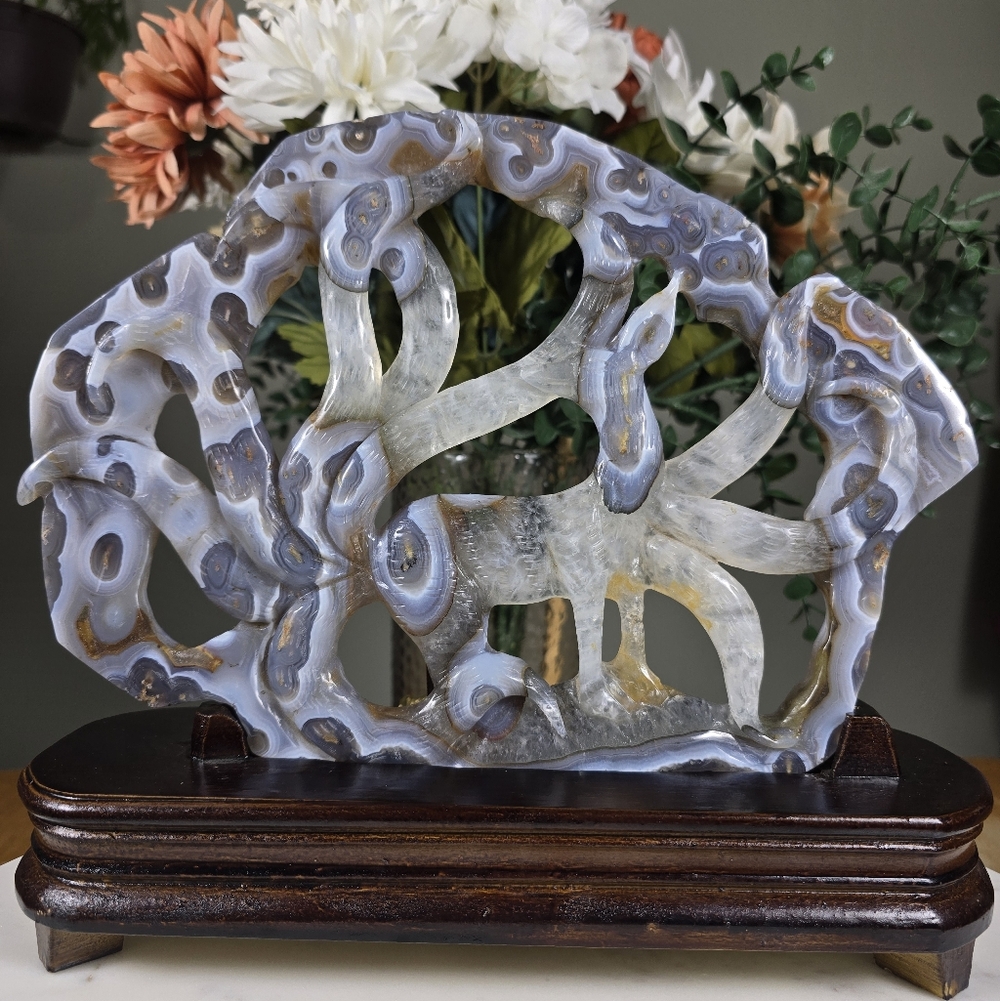 Hand-Carved Agate 9- Tail Fox On Custom Stand